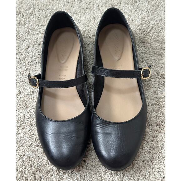 Sz 38 Leather Made in Italy Black Mary Jane Ballet Flats Gold Hardware - Picture 1 of 6